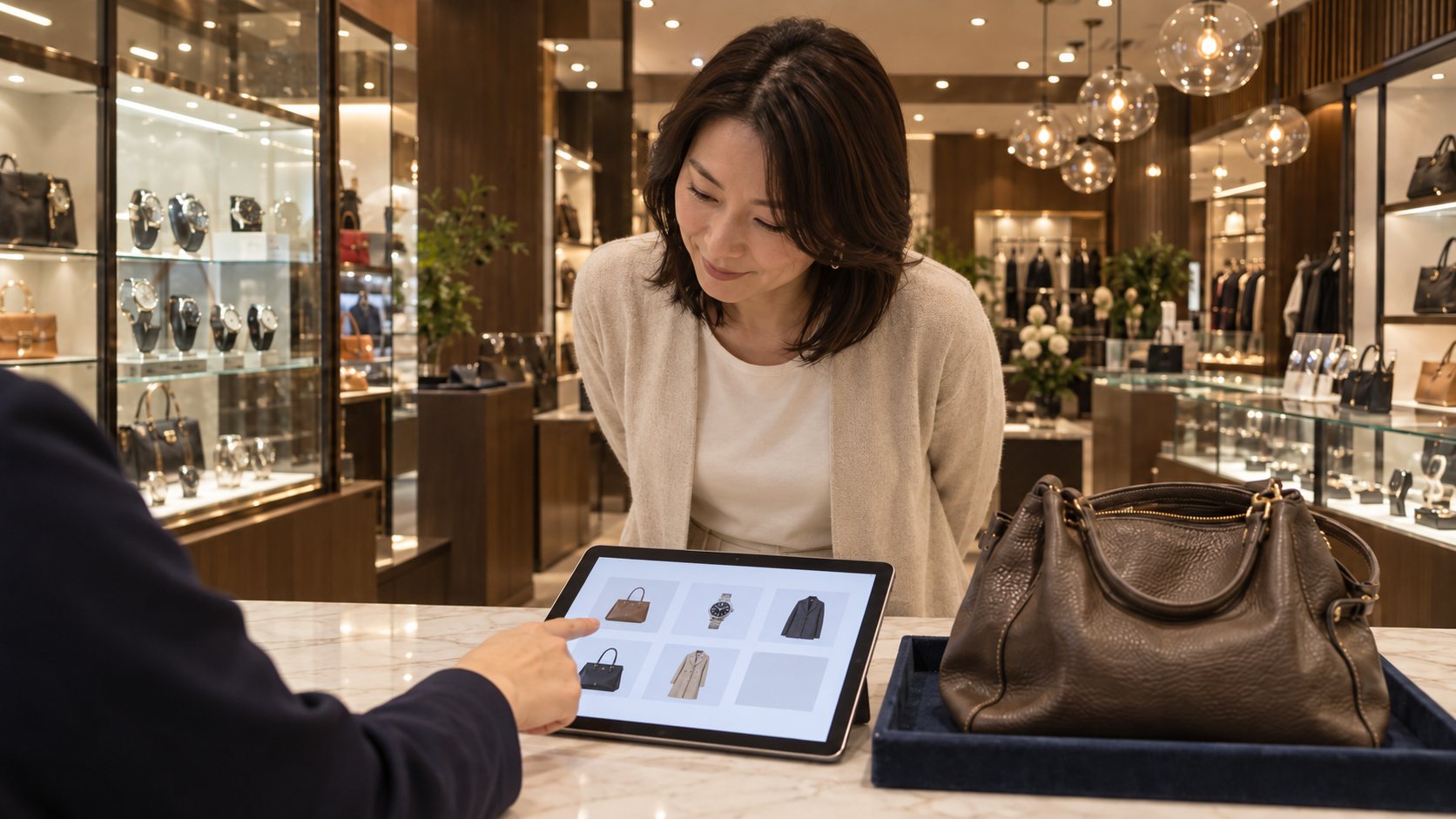 店頭のカウンターで店員とお客様が話している
