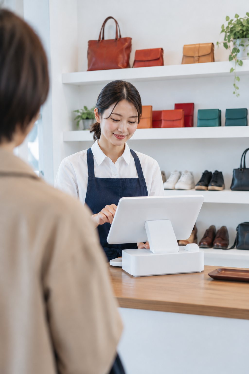 店頭のレジで会計をしている